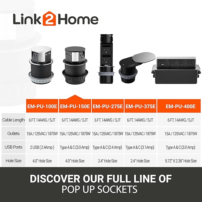 Link2Home Pop Up Outlet with 2 AC Power Outlets, 2 USB A/C Ports, 2.4A Fast Charge, Splash Resistant, Stainless Steel Retractable Socket for Kitchen Counter or Desk