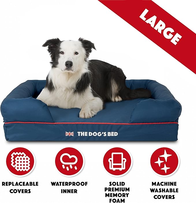 The Dog’s Bed Orthopedic Dog Bed Large Blue Oxford with Red Trim UK Flag Dog Bed Memory Foam, Pain Relief: Arthritis, Post Surgery, Lameness, Waterproof Washable Cover, Veterinary Approved