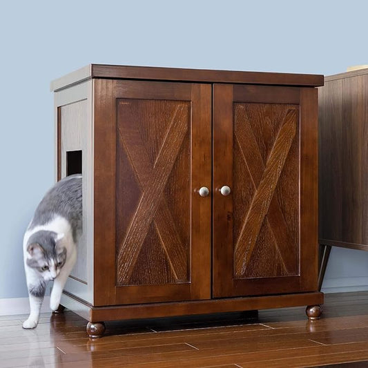 THE REFINED FELINE Cat Litter Box Enclosure Cabinet, Farmhouse, Mahogany Brown, Round Feet, Large, Hidden Litter Cat Furniture with Drawer