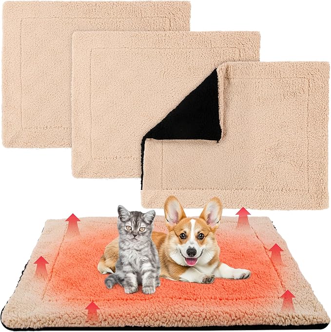 Novabright 3 Pack Self Warming Cat Bed 27x35 Inch Self Heating Dog Mat Reflects Body Heat Extra Warm Thermal Pet Pad Washable Cat Dog Bed for Outdoor Indoor Large Kittens Puppy(Black/Khaki)