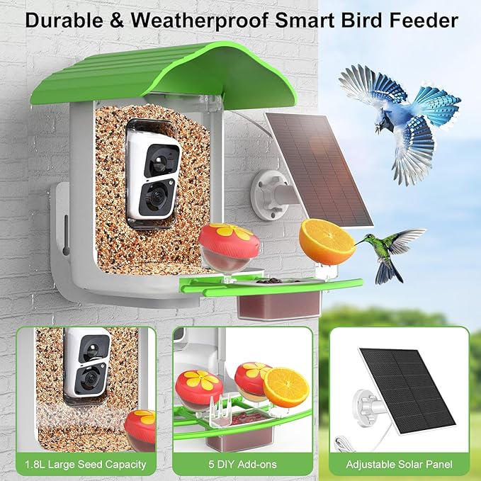 birdsnap® PAV- Smart Bird Feeder with Camera Solar Powered, 64GB Card & 2K HD Record Video Bird Camera Live with 5 DIY Add-ons, AI Identify Auto Capture, Ideal Gift for Birds Lover
