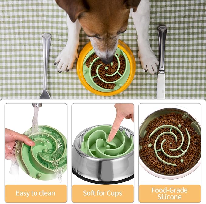 Slow Feeder Dog Bowls Insert, Bestalk Soft Silicone Slow Eating Feeder Insert with Suction Cups for Small, Medium and Large Dogs, Fit into Basic and Elevated Dog Bowls, Green