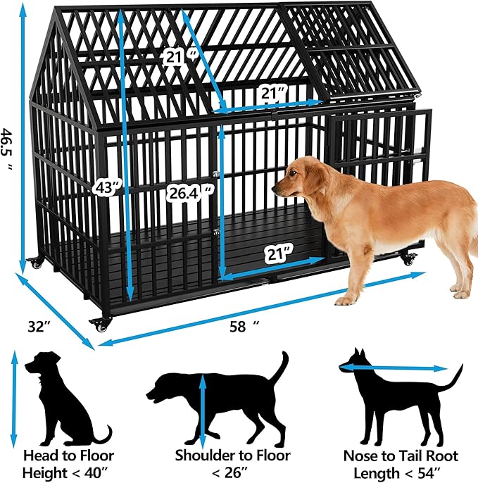 Heavy Duty Dog Crate 58 inch Durable Pet Dog Cage Crate Kennel with Roof Top 2 Doors Removable Trays Lockable Wheels Escape-Proof for High Anxiety Large/Extra Large Dogs Breeds