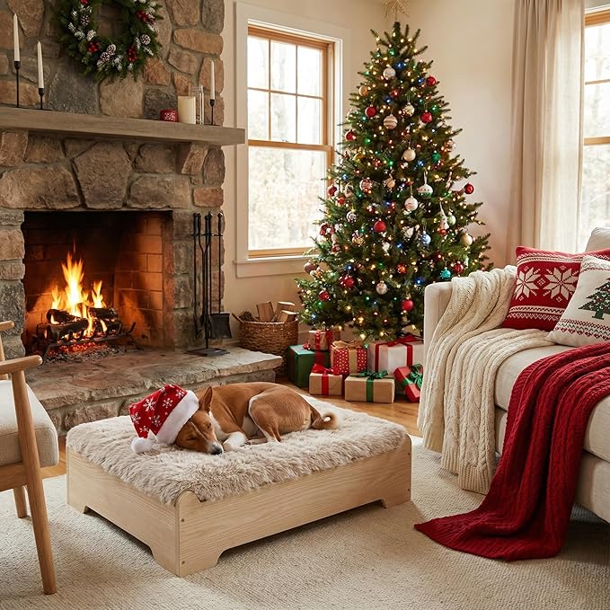 GLOSSGODS Elevated Dog Bed and Mattress with Removable Washable Cover, Egg Crate Foam, Wooden Frame, Suitable for Pet Up to 50 lbs, Naturalwood M