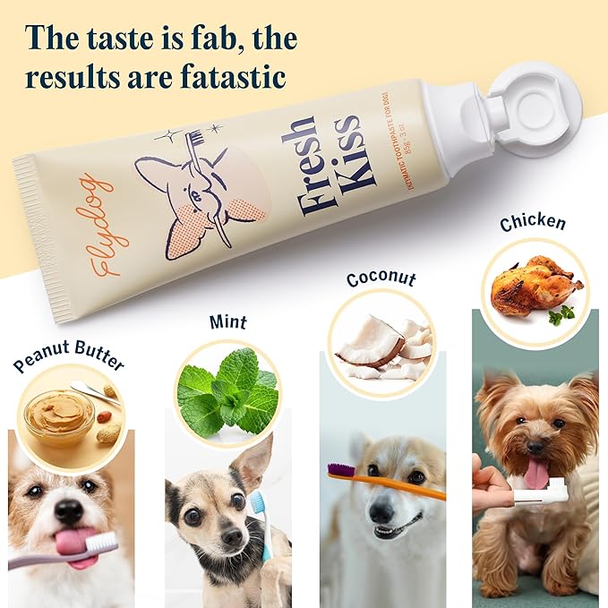 Fresh Kiss Enzymatic Dog Toothpaste All Flavors Set - Vet Approved Organic Formula, Tartar Remover for Dogs, with Toothbrushing Calendar & Guide, Chicken & Coconut & Mint & Peanut Butter