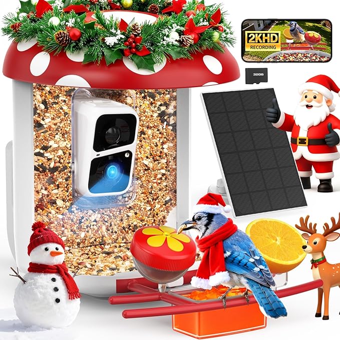 Smart Bird Feeder with Camera 2K Live Real-Time Alert AI Identify with 32G Card DIY Attachments Camera Bird Feeder Solar Powered Wireless Outdoor Birdwatching Gift for Birds Lover, Red