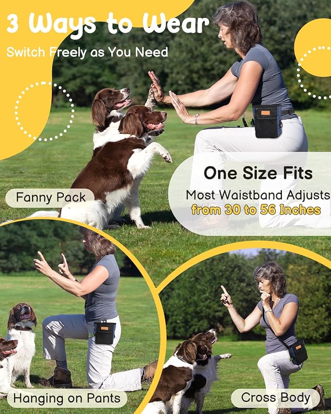 Dog Treat Pouches for Pet Training with Silicone Liner and Magnetic Closure, 2-Cup Treat Bag with Built-in Poop Dispenser, Waist Belt Clip, 3-Way Wear for Puppy & Pet Training and Daily Walks