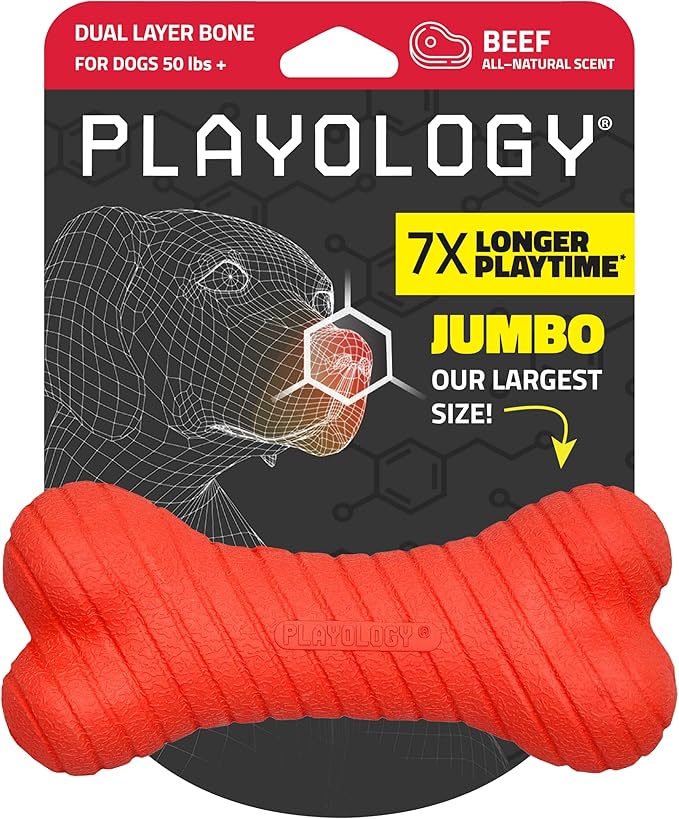 Playology Dog Toys | Dual Layer Bone Durable Chew Toy Bone for Dogs | Jumbo Beef Scented Toy - Easy to Clean and Made from Non Toxic Materials
