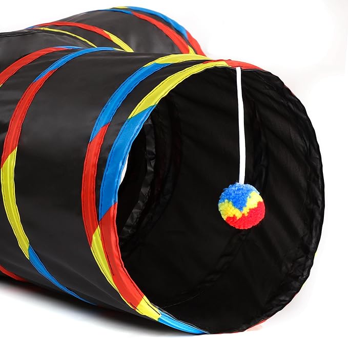 Tempcore 3 Way Collapsible Cat Tube Toys, Kitty Tunnel with Peek Hole Toy Ball, Black & Rainbow