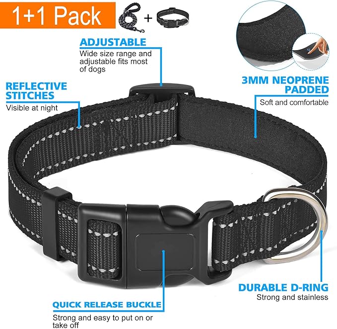 Reflective Dog Collar Padded with Soft Neoprene Breathable Adjustable Nylon Dog Collars for Small Medium Large Dogs (X-Small (Pack of 1), Black Collar+Leash)