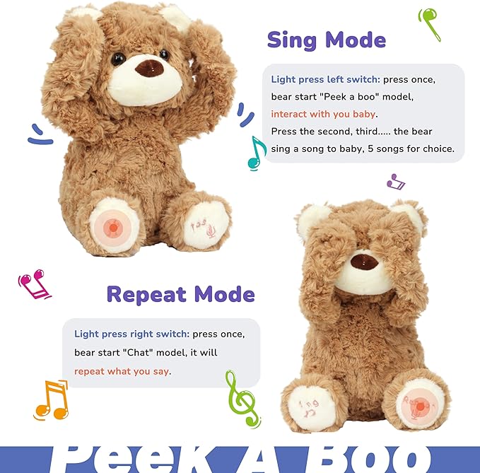Hopearl Peek A Boo Bear Interactive Repeats What You Say Plush Teddy Bear Toy Musical Singing Talking Stuffed Animal Adorable Electric Animate Gift for Toddlers, Brown, 11''