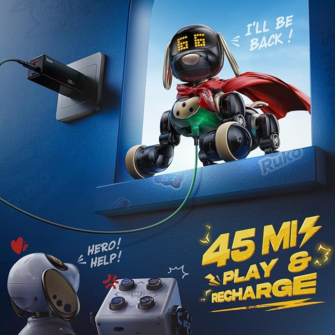 Ruko 18011 Robot Dog Toy, Smart Interactive Puppy with 30+ LED Faces, Remote & Gesture Control, Programmable Electronic Pet for Kids Ages 3–8, Black & Gold