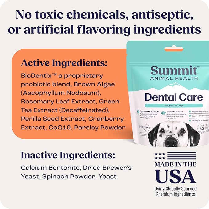 Summit Dental Care for Dogs – All‑Natural No‑Brush Dental Powder for Fresh Breath & Healthy Gums – Easy Add‑to‑Food Supplement – 60 Scoops