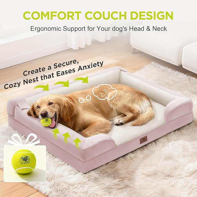 Orthopedic Dog Bed for Extra Large Dogs, XXL Waterproof Egg Crate Memory Foam Pet Bed Bolsters with Removable Washable Cover & Non-Slip Bottom, Tennis Ball Toy, 45x35
