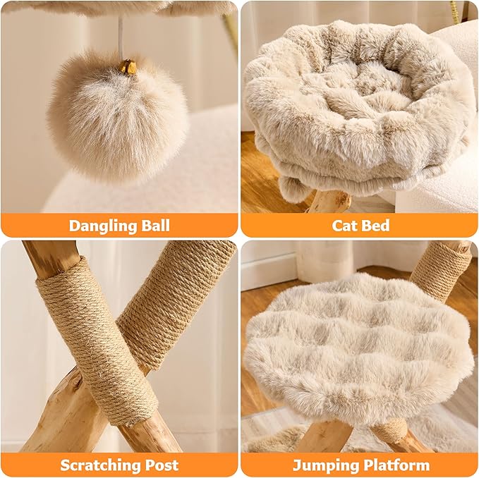 Cat Tree Modern Sturdy Solid Wood Cat Tower for Large Cat with Scratching Post for Indoor, Multifunctional Cat Tower with Cozy Bed and Platforms