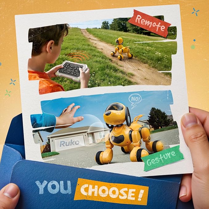 Ruko 18011 Smart Robot Dog Toy for Kids, Interactive Puppy with Remote & Gesture Control, Programmable LED Face Expressions, Fun Gift for Boys & Girls Ages 3 4 5 6 7 8, Yellow