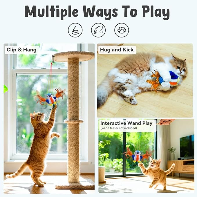 Cat Toys Flapping Bird, Interactive Catnip Cat Toy with Touch/Timed Automatic Activate, Multi Functions Parrot Toy, Lifelike 4 Animal Sounds, Rechargeable Kicker Exercise Toys for All Breeds