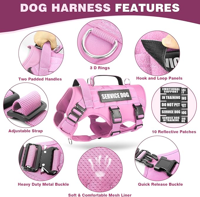 WINSEE Service Dog Vest Harness for Large Dog, Tactical Working MOLLE Vest with 10 Pet Patches, No Pull Heavy Duty Harness for Training Hunting Walking
