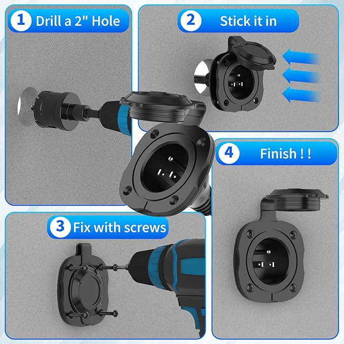 15 Amp AC Port Plug, 125V Power Inlet Socket with Waterproof Cover & Integrated 18" Extension Cord, 2 Pole 3-Wire NEMA 5-15 Flanged Generator Inlet Plug for RV Boat Electrical Connections