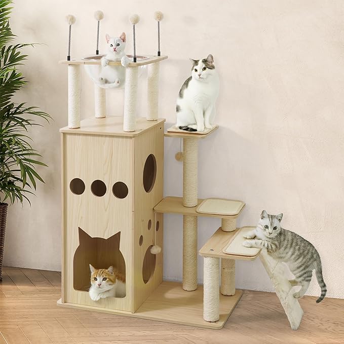 53” Wooden Cat Tree Tower for Indoor Large Cats & Kittens, Modern Tall Cat Climbing Tree w/Cave Condo, Scratching Posts, Space Capsule, Multi-Level Cat Tower w/Interactive Toy & Washable Pad