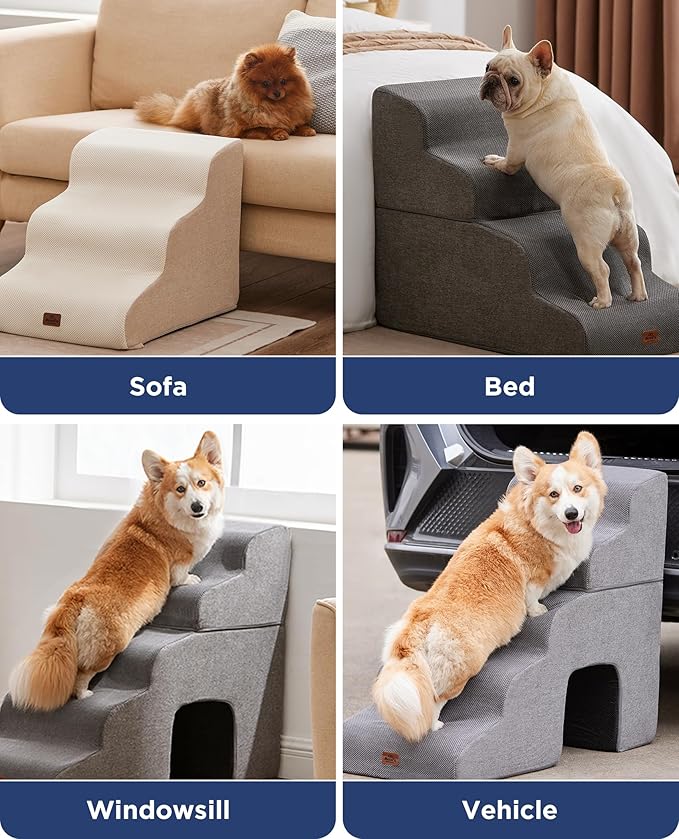 Beige Curved Dog Stairs Ramp for High Beds 22.8" H, 4-Step Dog Steps for Couch Sofa and Chair, Pet Stairs for Cats, Non-Slip Balanced Pet Steps