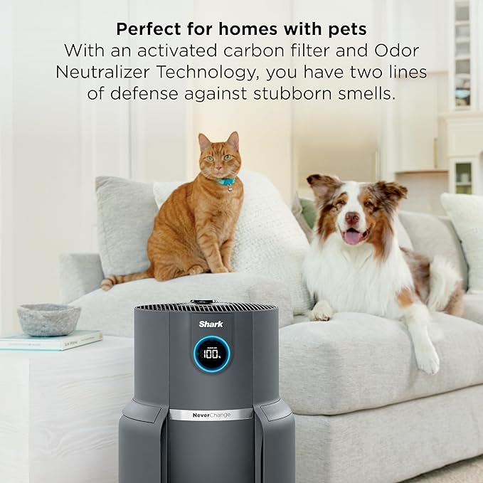 Shark Air Purifier for Home, NeverChange Max, 1,300 sq. ft. for Large Room, Kitchen, Home Office, HEPA-Exceeding Filter, Captures Pollutants, Pet Dander, Dust, Odor, Smoke, and More, HP301, Grey