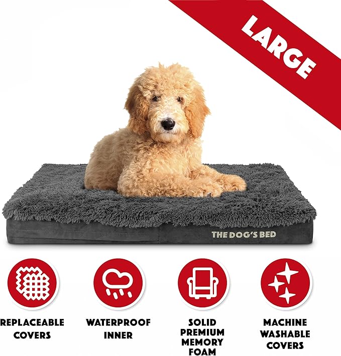 The Dog’s Bed Orthopedic Memory Foam Dog Bed, Large Grey Faux Fur, Pain Relief for Arthritis, Hip & Elbow Dysplasia, Post Surgery, Lameness, Supportive, Calming, Waterproof Cover, Veterinary Approved