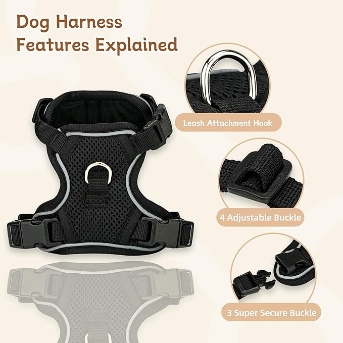 Small Dog Harness and Leash Set, Reflective Soft Breathable Mesh Vest, 3 Buckles, Adjustable Neck and Chest,Step in Dog Harness for Walking, Running, Training, Black, M