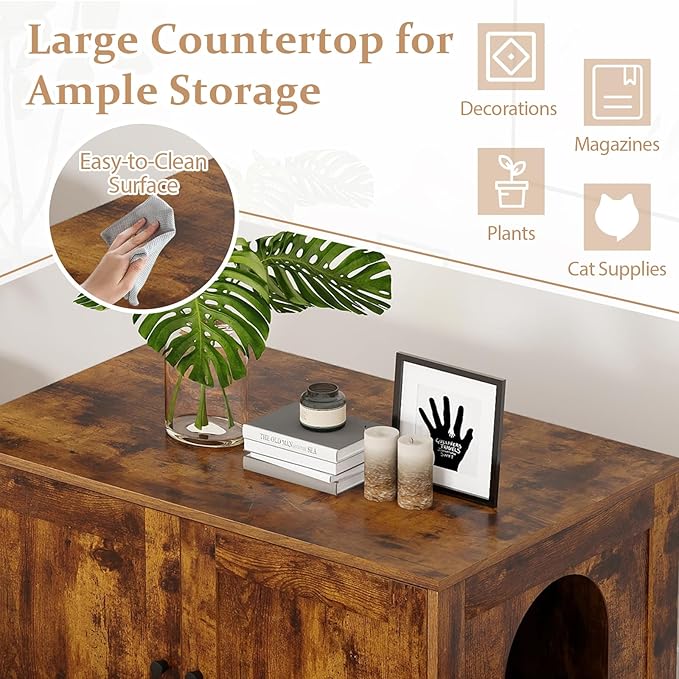 Tangkula Cat Litter Box Enclosure, Wooden Kitty Washroom Cabinet w/Winding Entry & Cat Hole, with Divider, Hidden Double Enclosed Litter Box Furniture for Living Room, Bedroom, Entryway (Rustic Brown)