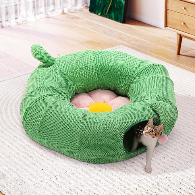 PEQULTI Cat Tunnel, Cactus Cat Tunnel with Flower Bed for Indoor Cats, Cat Donut Tunnel, Round Tube Toys Cute Tube for Kittens, Puppies, Rabbits and Ferrets, Green