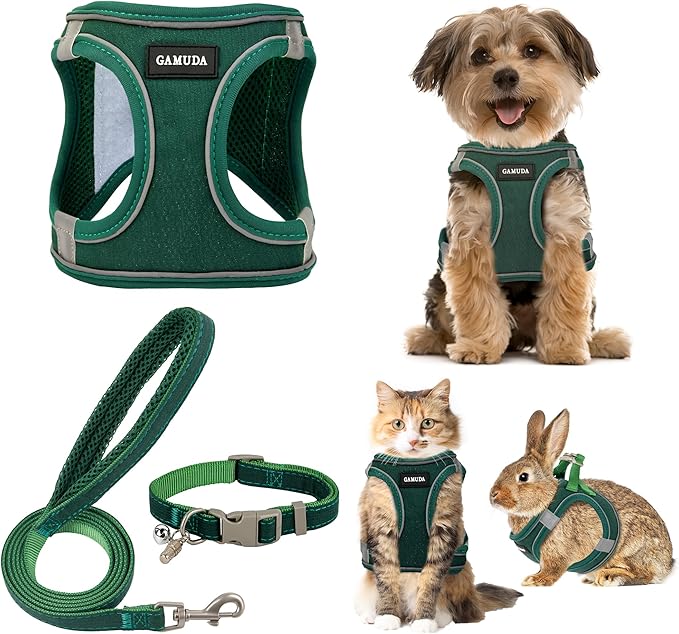 GAMUDA Small Pet Harness Collar and Leash Set, Step in No Chock No Pull Linen Fabric Soft Mesh Dog Vest Harnesses Reflective for Dogs Puppy Cats Kitten Rabbit (Green, S)