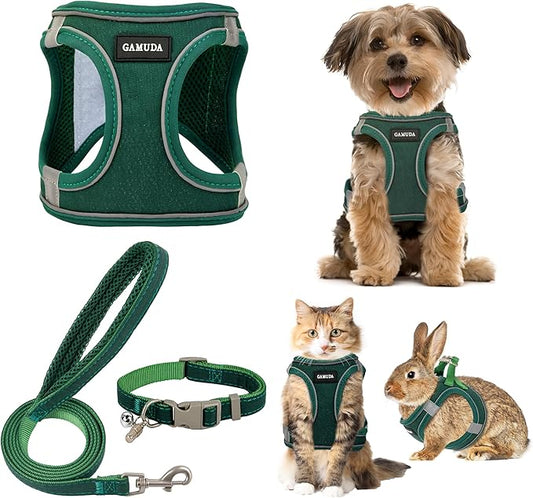 GAMUDA Small Pet Harness Collar and Leash Set, Step in No Chock No Pull Linen Fabric Soft Mesh Dog Vest Harnesses Reflective for Dogs Puppy Cats Kitten Rabbit (Green, XL)