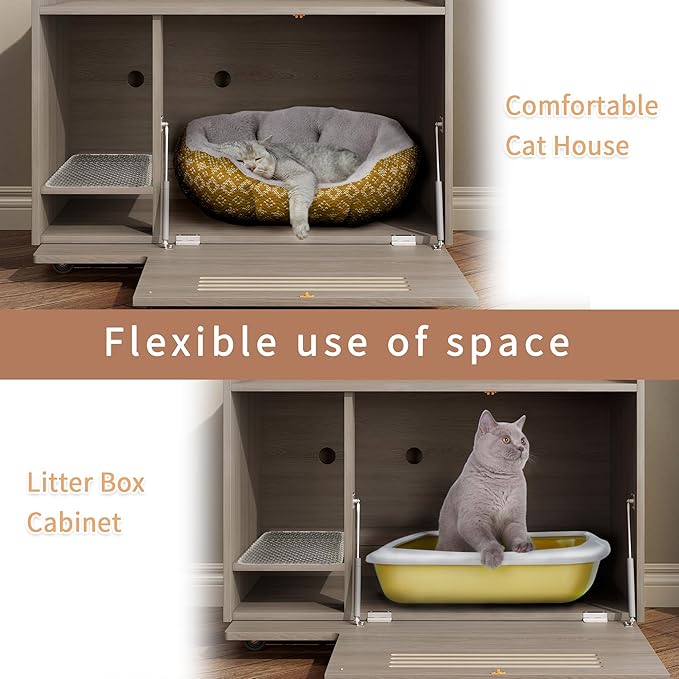 YZU Cat Litter Box Enclosure, Litter Box Furniture Hidden with Movable Wheels, Wooden Pet House Cabinet with Side End Table, 4-Grilles, Cat Litter Mat