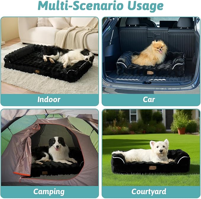 Faux Fur Orthopedic Dog Bed, Extra Large Dog Bed, Supportive Foam Pet Sofa with Waterproof Lining Cover, Washable U-Shaped Pet Couch with Anti-Slip Bottom Design, Black XXL 48x32x8 inch