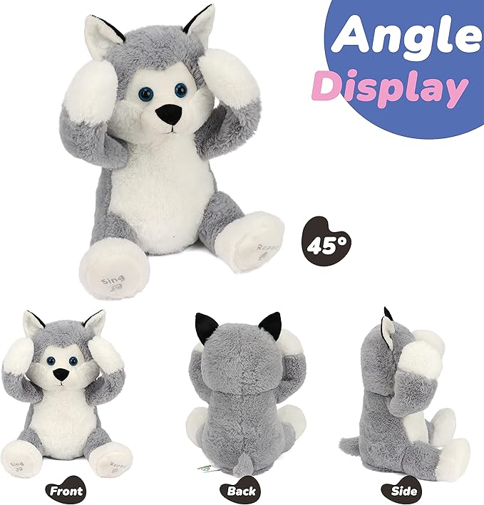 Hopearl Peek A Boo Husky Interactive Repeats What You Say Plush Dog Toy Musical Singing Talking Stuffed Animal Adorable Electric Animate Birthday Festival, Gray, 11.5''