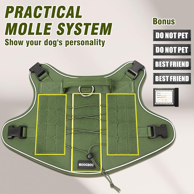 Tactical Dog Harness for Large Dogs,No Pull Military Dog Vest with Handle,Reflective Heavy Duty Pet Harness for K9 Working Walking Hiking Training Green XL
