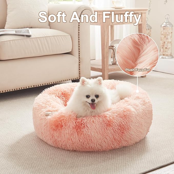 23 inches Donut Dog Bed for Small Dogs - Calming Washable Round Puppy Bed with Removable Cover, Fluffy Plush Pet Bed for Cats & Dogs, Fits up to 25 lbs Pets (Tie-dye Pink,Small)