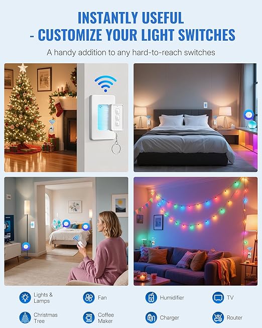 Mini Remote Control Outlet, WILAWELS Wireless Light Switch with Magnetic Base, On Off Remote Outlet Switch for Lights, Lamps, 100ft RF Range, 10A/1250W, Expandable, 1 Remote for 3 Plugs W14RC1306