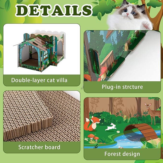 2 Story Cardboard Cat House with Scratcher Pad for Small Kitten,17x12x10 Multi Level Durable Cat Condo & Villa for Bunny Rabbit Small Animals Christmas Birthday Gift(Forest)
