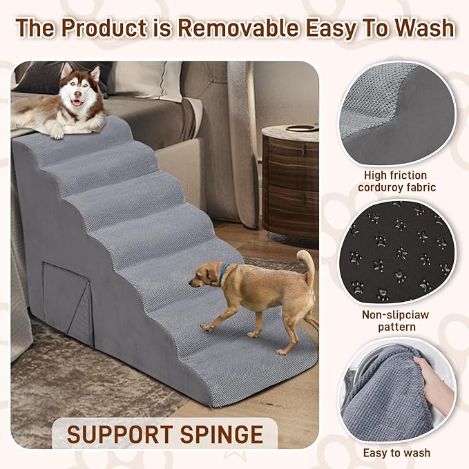 7 Steps Dog Stairs & Steps for High Beds 30-36 inches High Tall, LitaiL 33inch 7 Steps Pet Stairs/Steps for High Beds Small Large Dogs, Non-Slip Dog Ramps/Ladder for Old Dogs/Cats