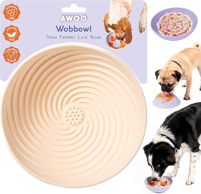 Awoo Wobbowl - Silicone Dog Lick Mat and Slow Feeder Bowl - Dishwasher Safe Pet Dish - Extends Mealtime for Fast Eaters & Reduces Anxiety - for Wet & Dry Food (Almond)