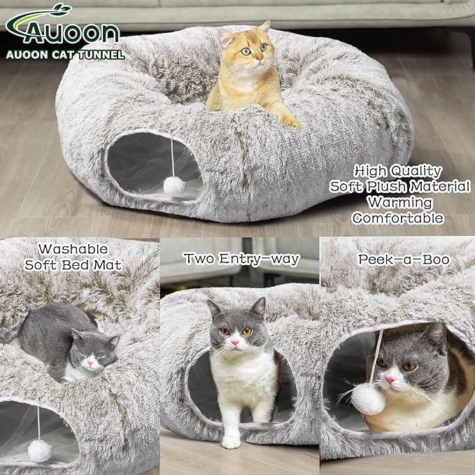 AUOON Cat Tunnel Bed - Christmas Tree Cat Tunnel, Cat Donut Tunnel with Soft Plush Circle Cushion for Indoor Cats Kitten Kitty Puppy Rabbit Ferret (Khaki)