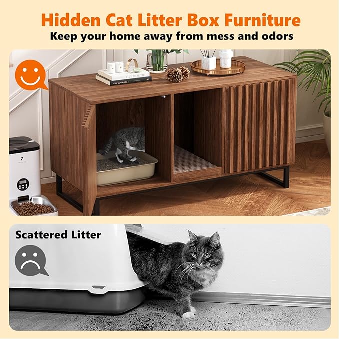 Double Litter Box Enclosure,Modern Cat Litter Box Enclosure for 2 Cats, Hidden Litter Box with Cat Scratch Pad, Cat Washroom Cat House End Table, Entryway Bench for Livingroom (Brown)