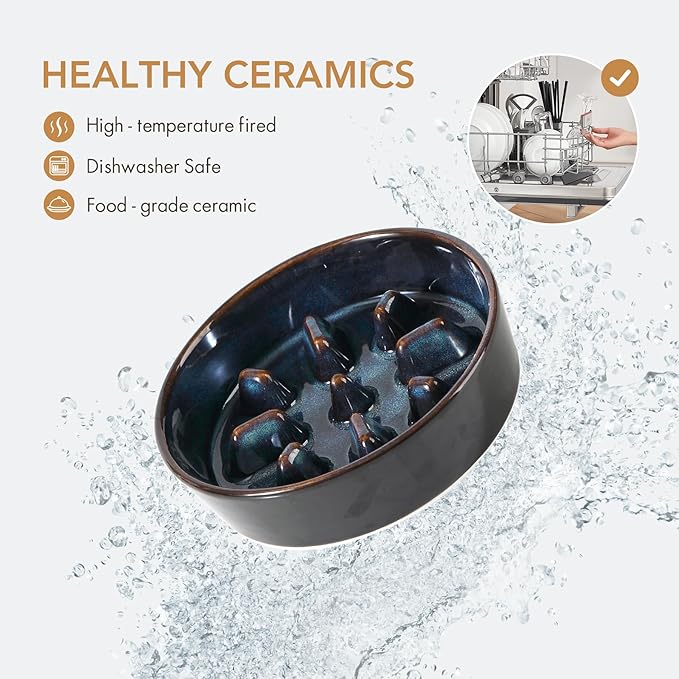 Ceramic 1.2 Cup Raised Slow Feeder Dog Bowl Set, Elevated 6.1inch Bowl and 7.3inch Slow Feeder Dish with Acacia Wood Stand for Small and Medium Dogs (2 x Starry Sky+ Stand)