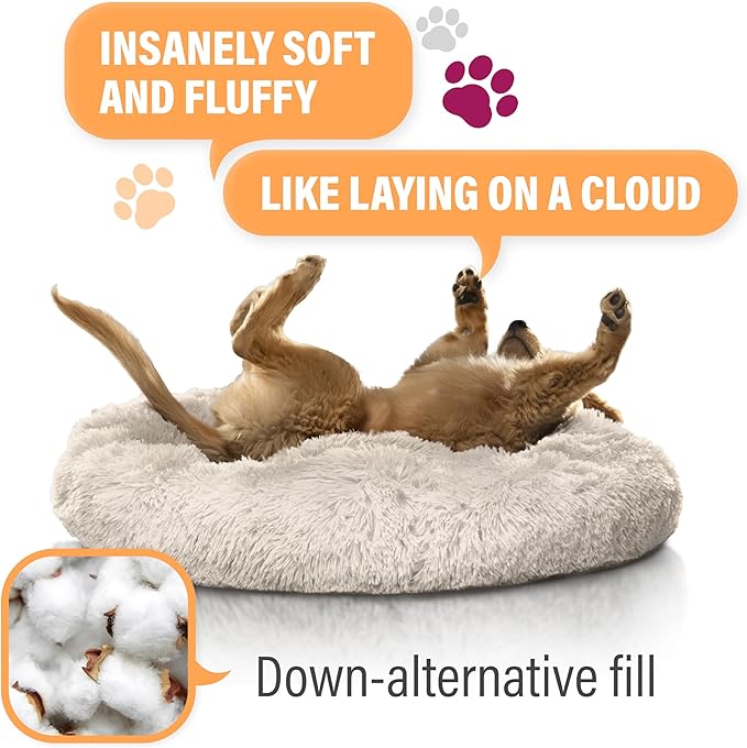 Active Pets Premium Small Donut Dog Bed, Fits Up to 45 lbs, Removable Cover & Washable Cushion, Plush Long Pile Faux Fur Fabric, Portable Beige Pet Bed Furniture for Puppies Adult Canines & Cats