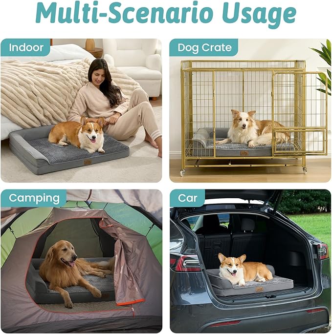 Orthopedic Dog Bed for Large Size Dog, XL Dogs Crate Bed, L Shaped Foam Anti-Slip Bottom Pet Cat Sofa with Washable Removable Cover, Suitable for Pet Up to 100 lbs, 44x32x7 inch, Grey