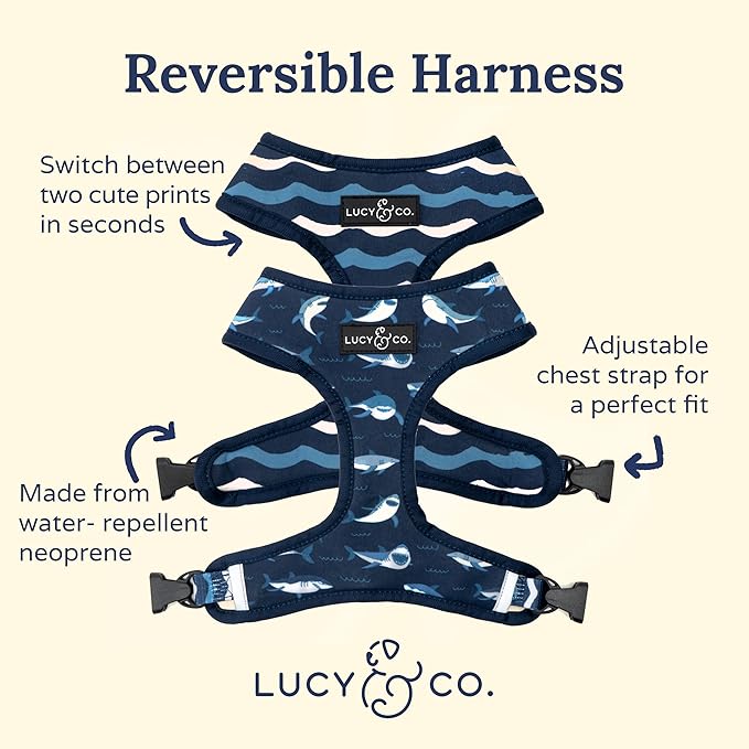 Reversible Dog Harness Walking Halter - Best Designer Pet Harnesses for Extra Small Medium Large XL Dogs Plus Pug Breeds - Padded Adjustable Puppy Vest for Easy Walking (Large, Shark Attack)
