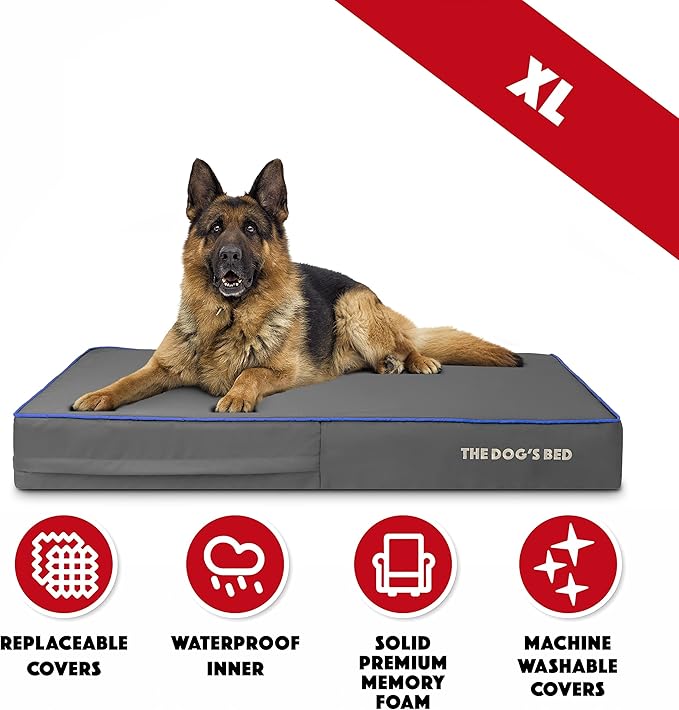 The Dog’s Bed Orthopedic Memory Foam Dog Bed, XL Grey/Blue 46x28, Pain Relief for Arthritis, Hip & Elbow Dysplasia, Post Surgery, Lameness, Supportive, Calming, Waterproof Washable Cover