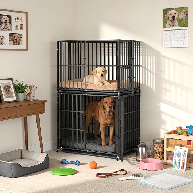 BingoPaw Heavy Duty Dog Crate: 38Inch Dog Kennel Stackable Made by Chew Resistant Square Meatl Tube - Two Tiers Dog Kennel Indoor Escape Proof with Wheel and Tray