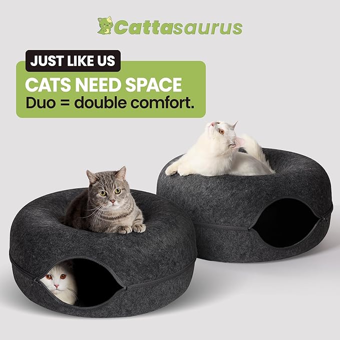 Cattasaurus Peekaboo Cat Cave Donut for Multiple & Large Cats up to 30-45 lbs, 3-in-1 Self Warming Cat Bed, Tunnel & Scratcher for Indoor Cats, Washable & Detachable (Dark Gray + Dark Gray, Large)